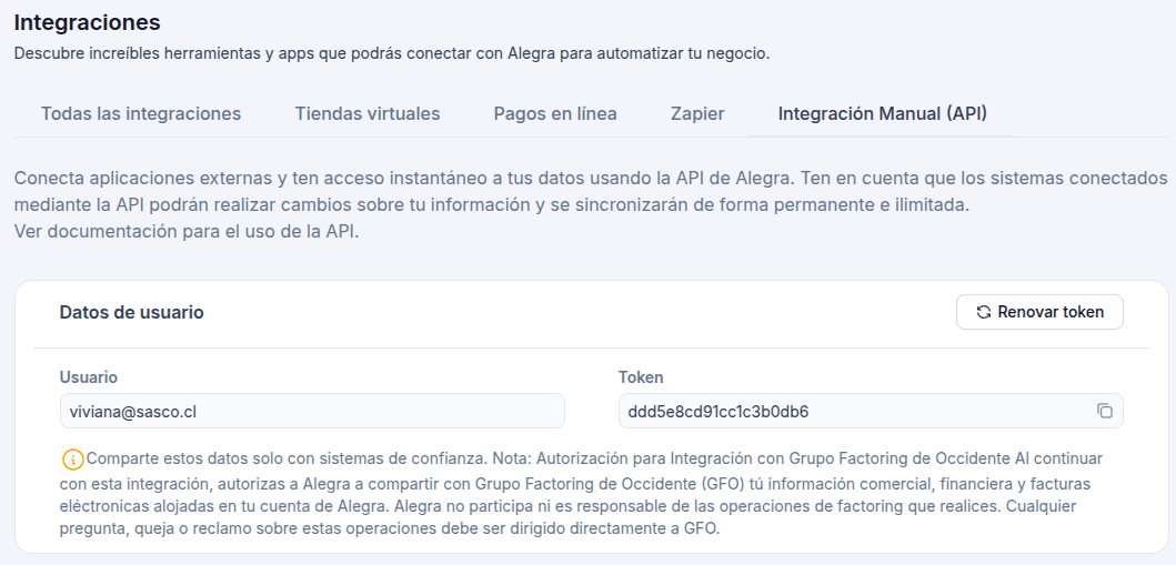 Datos de conexión en alegra