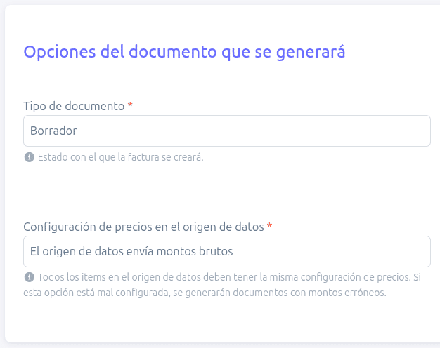 Opciones del documento en BillMySales