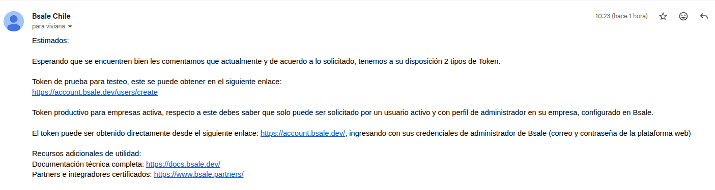 Correo con token de bsale