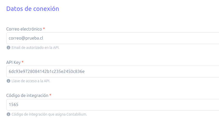 Datos de conexión completados en BillMySales