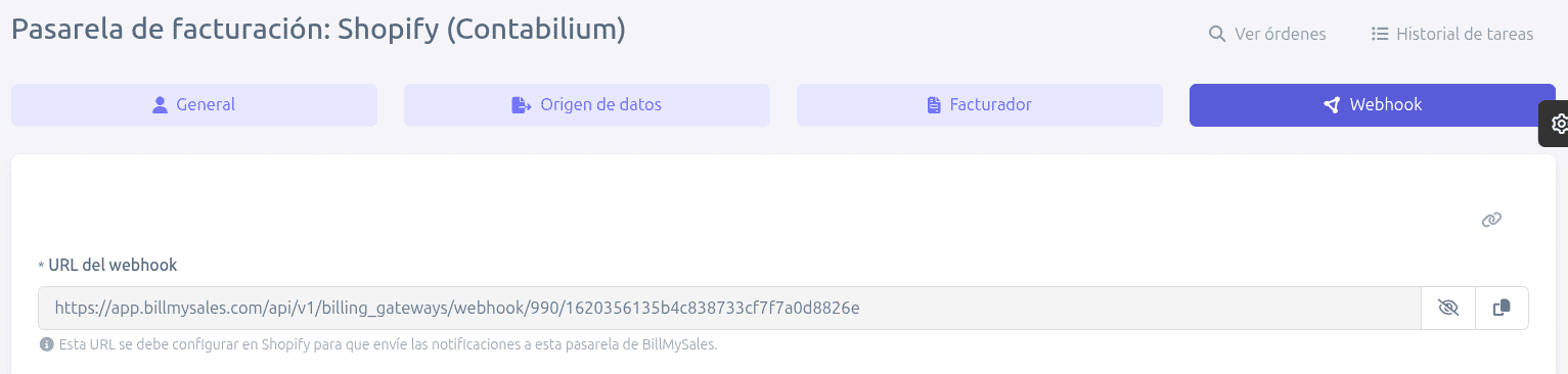 URL del webhook en BillMySales