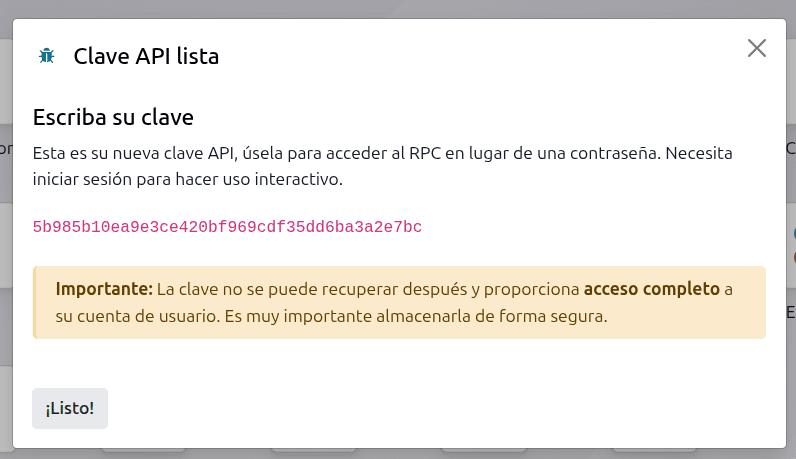 Clave API creada en Odoo