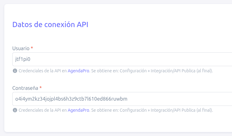 Datos de conexión configurados en BillMySales