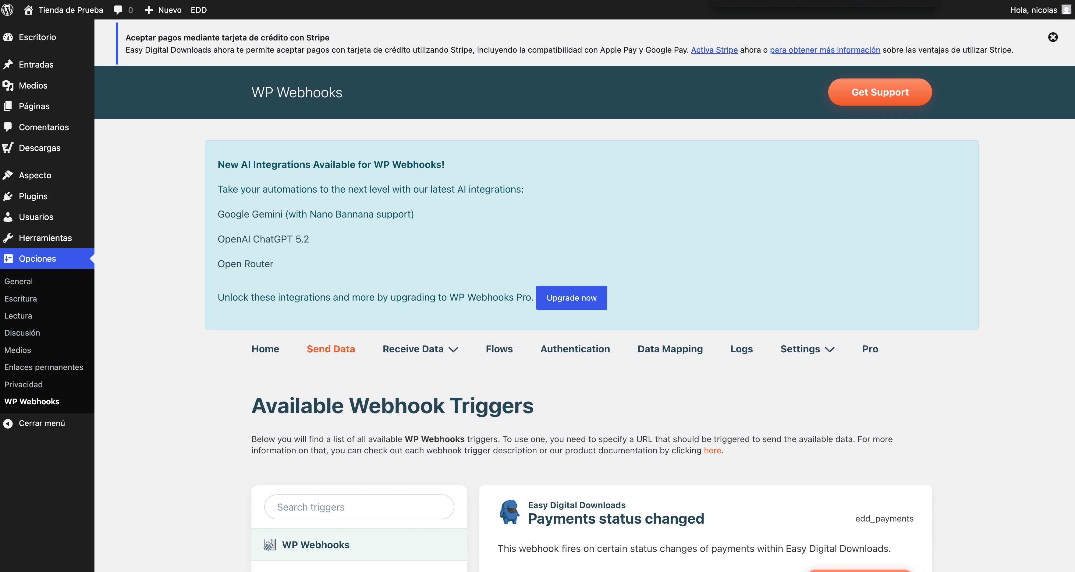 Opción de WP Webhooks
