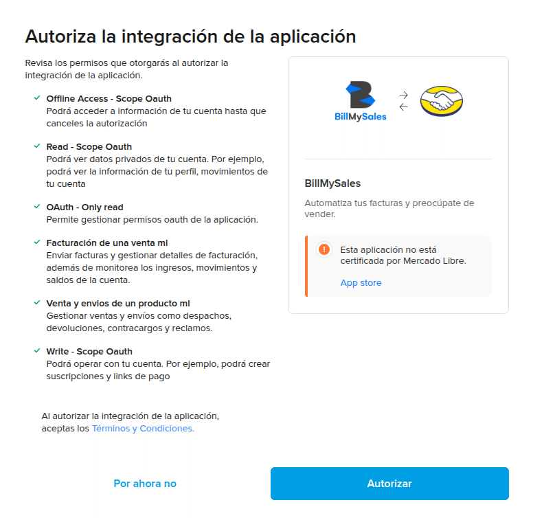 Autorización de aplicación en mercado libre