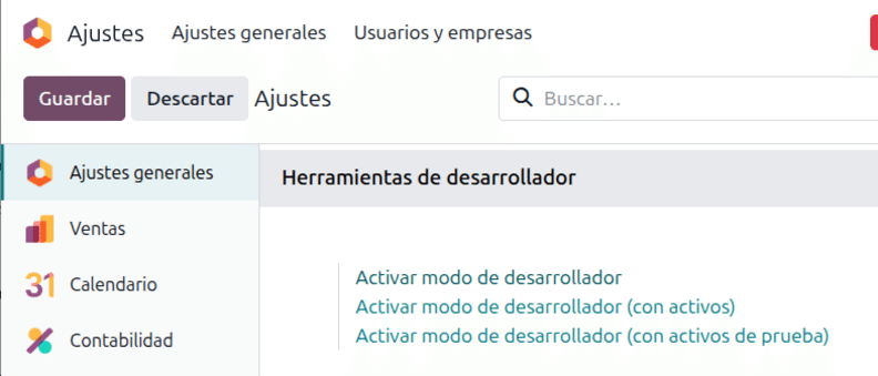 Activar modo desarrollador en Odoo
