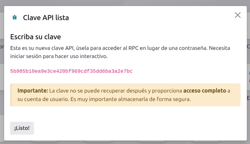Clave API creada en Odoo