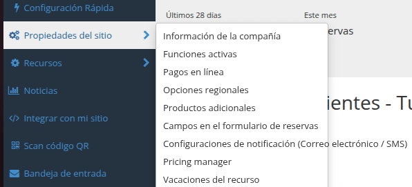 Configuraciones del sitio en Planyo