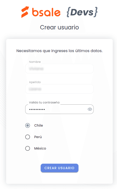 Crear usuario en bsale devs