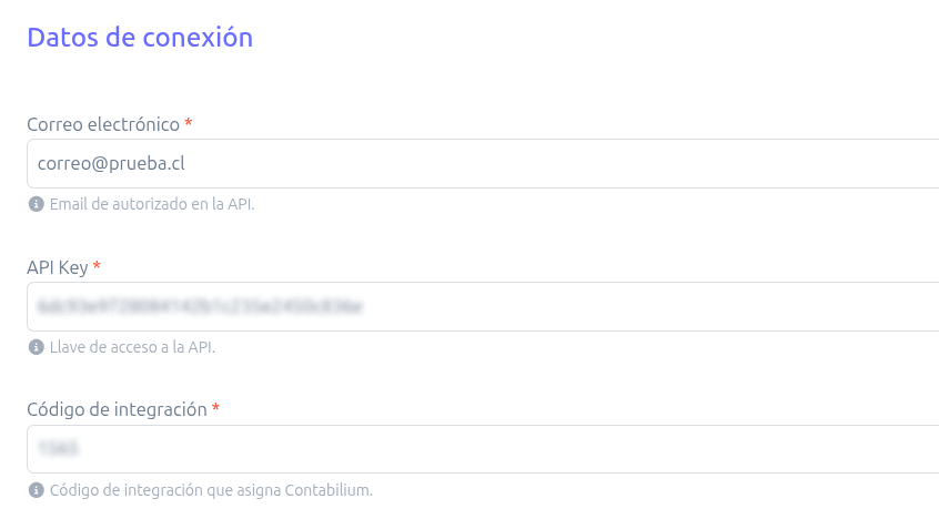 Datos de conexión completados en BillMySales