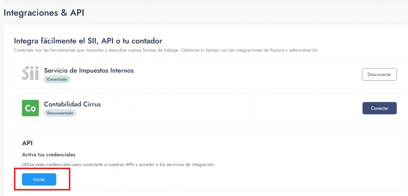 Sección de API en la configuración de Nubox