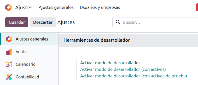 Activar modo desarrollador en Odoo