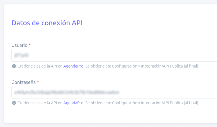 Datos de conexión configurados en BillMySales