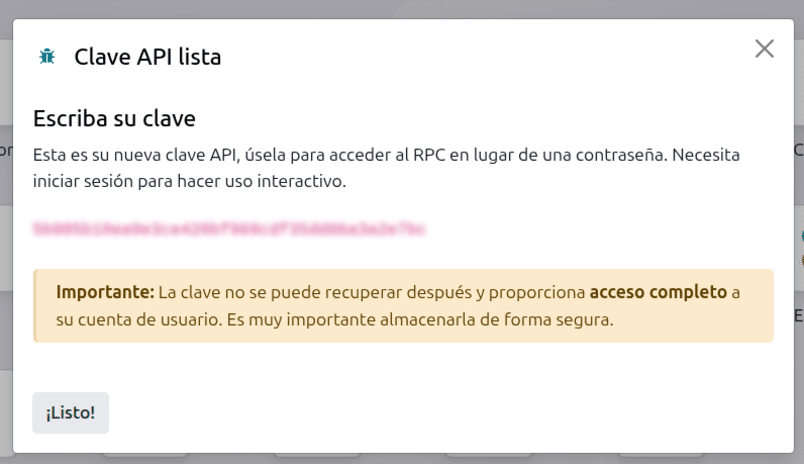 Clave API creada en Odoo