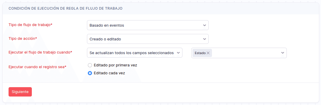 Condición de ejecución de regla de flujo de trabajo