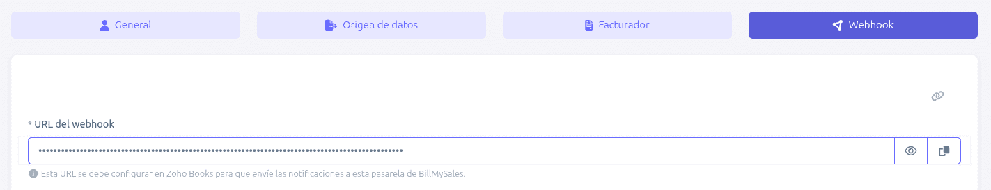 Pestaña Webhook en BillMySales