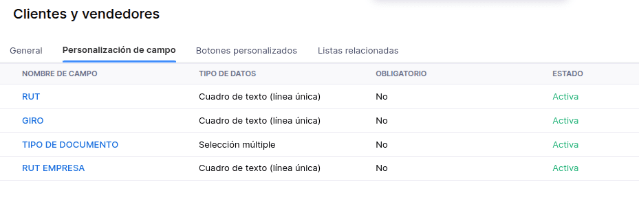 Campos personalizados creados y configurados