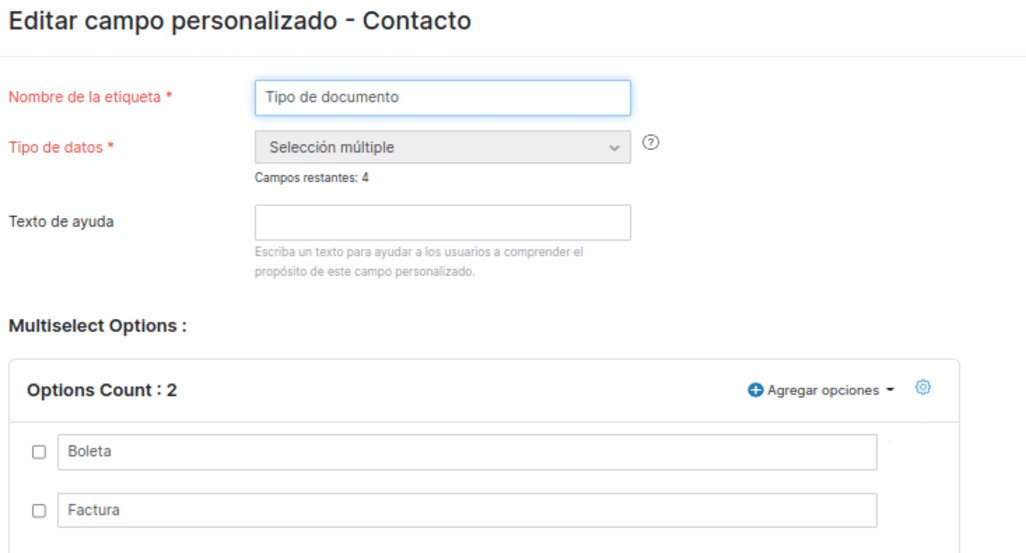 Ejemplo de configuración de tipo de documento